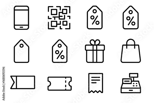Digital Coupon Icons. Outline icon set of digital coupons: smartphone, QR code, barcode, discount tag, price