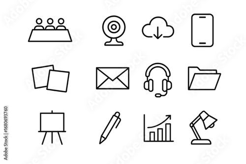 Teamwork Icon Set. Outline icon set of remote and in-office teamwork: conference table, webcam, cloud storage,