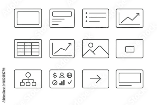 Corporate Presentation Icons. Outline icon set of corporate presentation layouts: slide template, title slide,