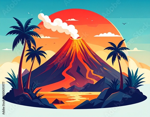 Vibrant illustration of a powerful volcanic eruption on a tropical island with palm trees at sunset