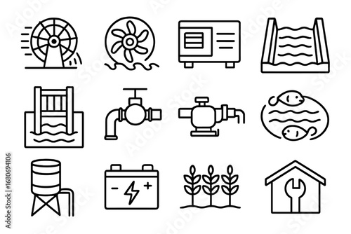 Hydro Farming Icons. Outline icon set of hydro-powered farming: water wheel, micro-hydro turbine, generator,