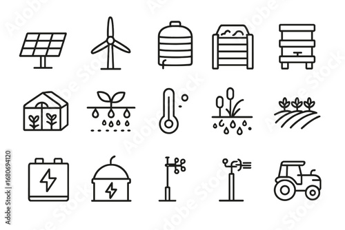Climate-Smart Farming Icons. Outline icon set of climate-smart farming: solar panel, wind turbine, rainwater