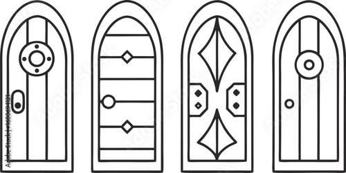 Collection of medievalstyle arched doors, featuring rustic and ornate designs for historical or fantasy themes