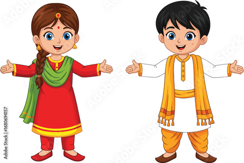 Cartoon Indian boy and girl in traditional clothing, cultural dress illustration for festivals, ethnic wear vector, kids welcoming pose