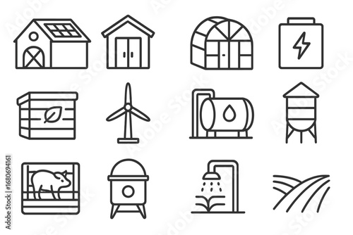 Sustainable Farm Icon Set. Outline icon set of sustainable farm buildings: barn with solar roof, tool shed,