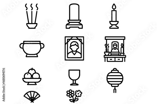 Ancestral Worship Icons. Outline icon set of ancestral worship: incense sticks, ancestor tablet, candle,