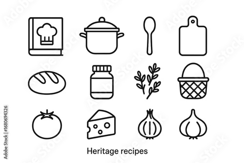 Heritage Recipe Icons. Outline icon set of heritage recipes: cookbook, pot, spoon, cutting board, bread, jar,