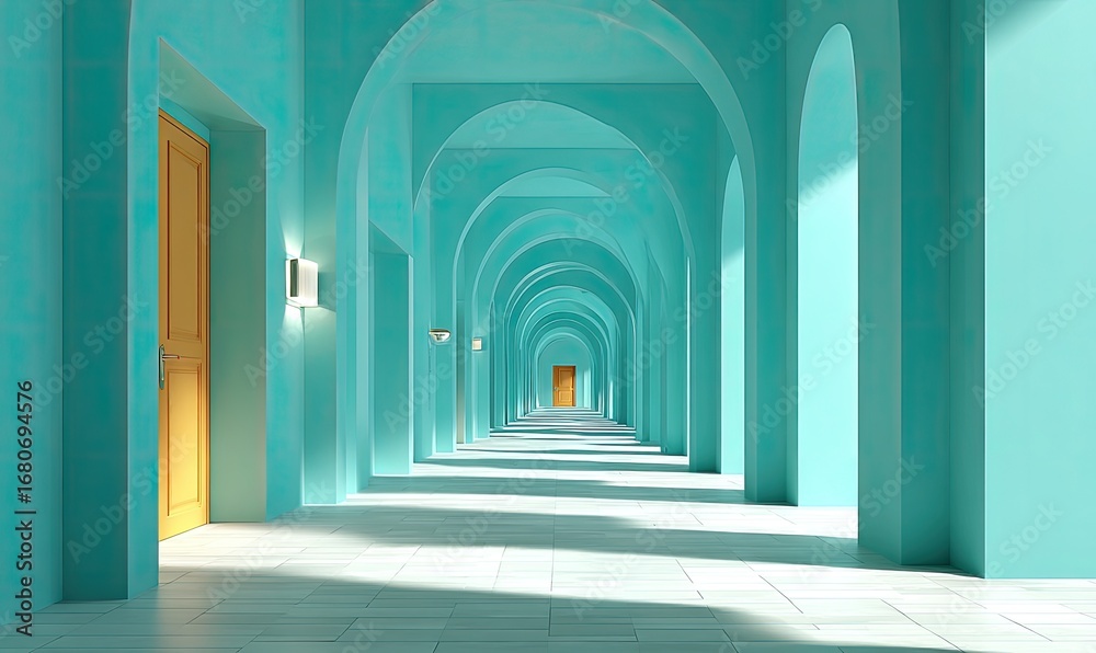 Fototapeta premium Teal arched hallway with light-colored doors