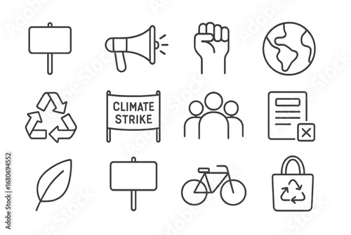 Environmental Activism Icons. Outline icon set of environmental activism: protest sign, megaphone, raised fist
