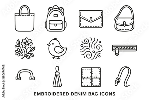 Embroidered Denim Bags Icons. Outline icon set of embroidered denim bags: tote bag, backpack, clutch,