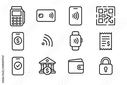 Cashless Payment Icons. Outline icon set of cashless payment setup: POS terminal, contactless card, smartphone