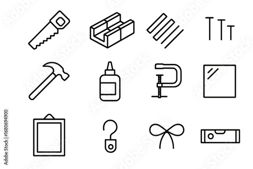 DIY Framing Icons. Outline icon set of DIY photo framing: saw, miter box, wood strips, nails, hammer, glue