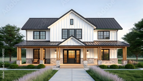 Modern farmhouse architecture with white siding and stone accents