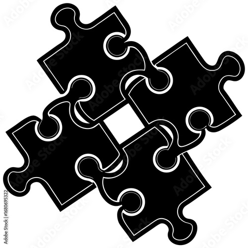 Simple Black Jigsaw Puzzle Pieces Icon Set – Silhouette Vector for Problem Solving & Concept Illustration