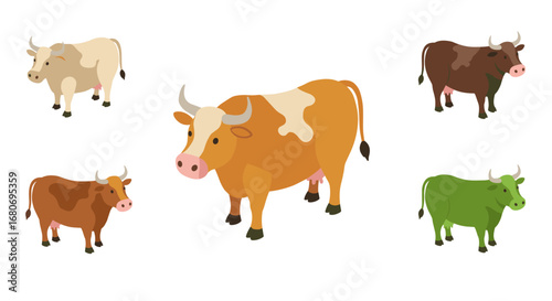 Colorful cows set in minimalist style on white background