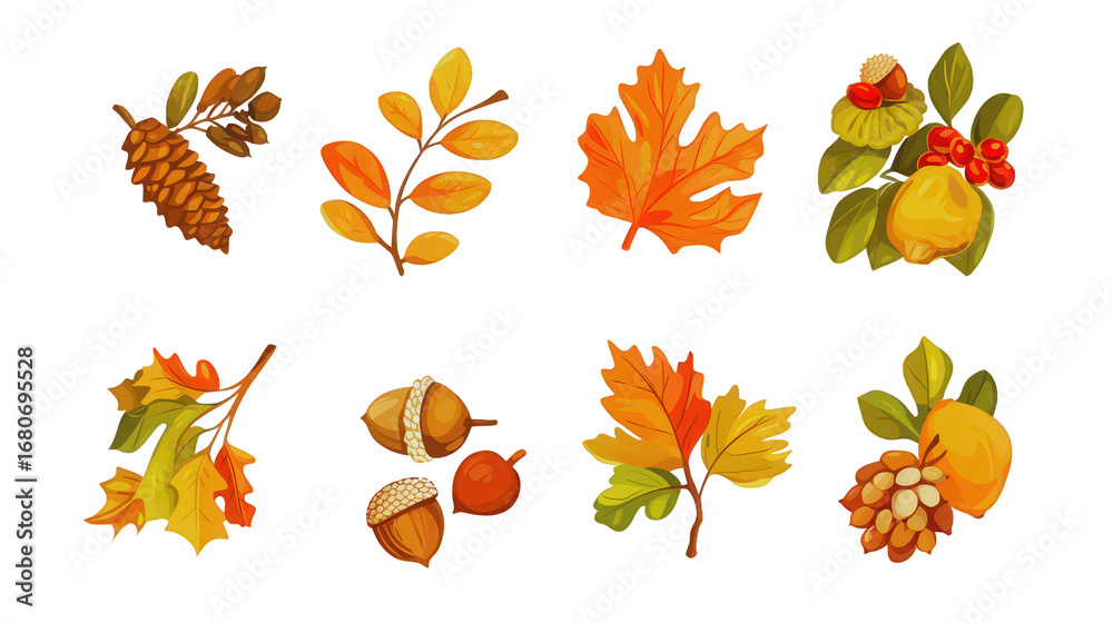 Fototapeta premium Collection of fall stickers with detailed flat vector PNG Transparent