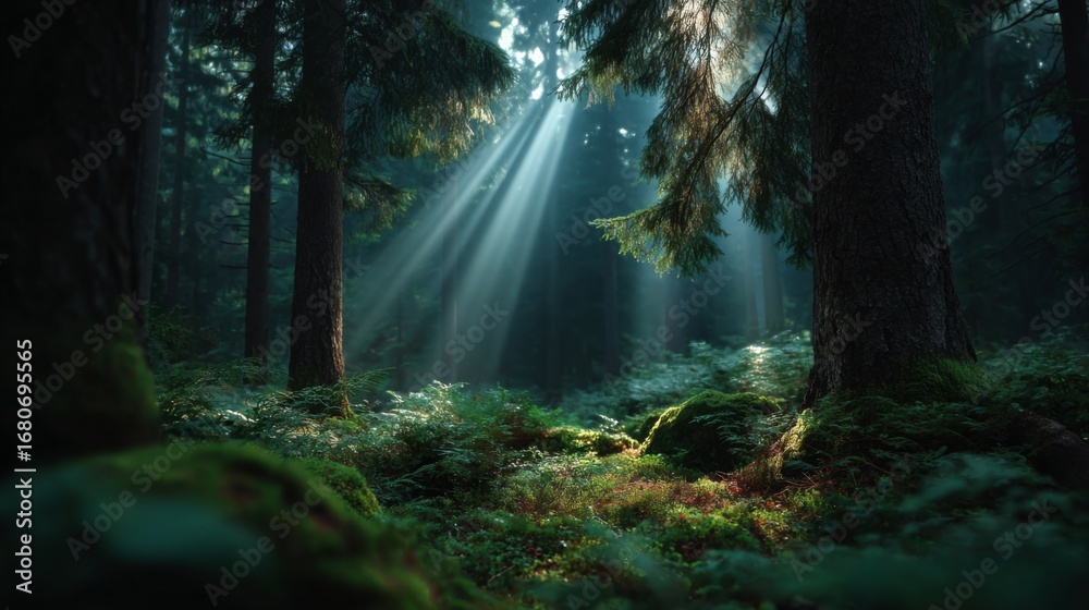 Obraz premium Sunlight Forest: Capturing the mystical beauty of a sun-dappled forest, where beams of light pierce through the canopy. This image evokes a sense of wonder and tranquility.