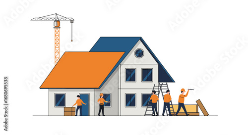 Construction crew building house with crane and tools in minimalistic style