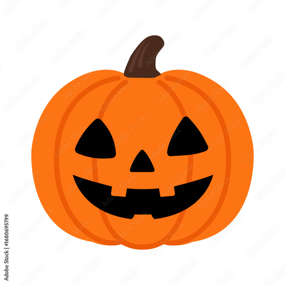 Fototapeta premium Vector illustration of a Halloween pumpkin jack-o’-lantern with a carved smiling face on a gray background. Bright orange pumpkin design perfect for Halloween party decoration, spooky posters, seasona