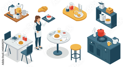 Isometric breakfast cafe scene with food and drink items in modern style