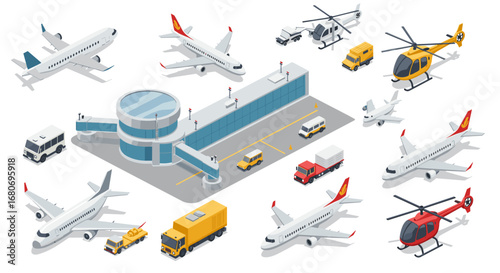 Isometric airport scene with airplanes, helicopters, and vehicles in a detailed transport hub