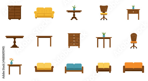 Colorful furniture set with chairs, tables, sofas, and decor elements