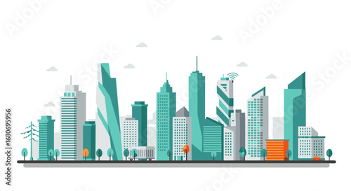 Modern cityscape with futuristic skyscrapers and urban elements in flat design