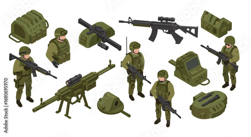 Isometric military equipment set with soldiers and weapons