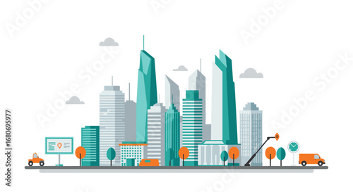 Modern cityscape with futuristic skyscrapers and urban vehicles