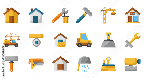 Construction tools and buildings icons set in modern flat style