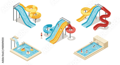 Isometric water park slides and pools with colorful design