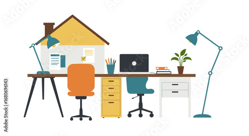 Home office workspace with minimalist furniture and cozy decor elements