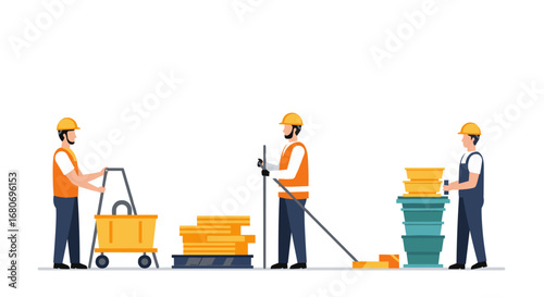 Construction workers in hard hats handling equipment and materials in flat design