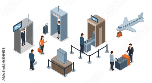 Airport security checkpoint process with isometric design and travelers