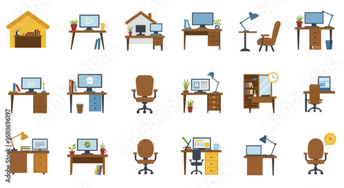 Cozy workspace setup in flat design with desks, chairs, and computers