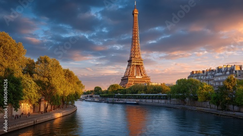 Eiffel Tower View: The iconic Eiffel Tower stands tall against a dramatic sky, its intricate ironwork illuminated by the soft glow of the setting sun over a serene river and lush trees