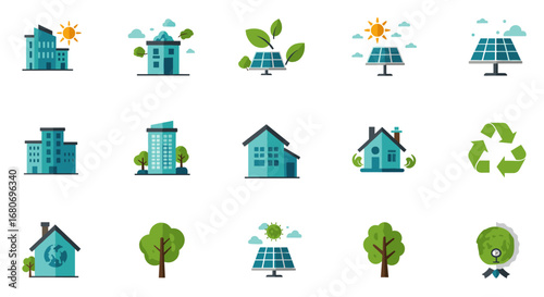 Sustainable energy and eco-friendly buildings illustration set in flat design