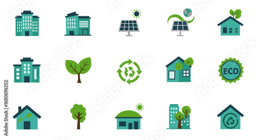 Eco-friendly city icons featuring solar panels, green buildings, and sustainable homes