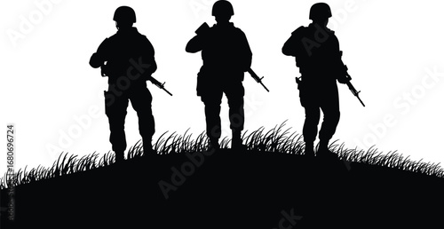 Black and white silhouette of armed soldiers standing on hill, military team with rifles, army patrol vector illustration background