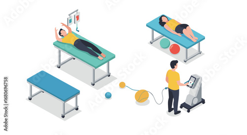 Physical therapy session concept with isometric equipment and patients