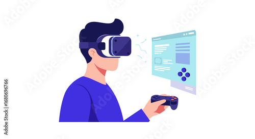 Vr gaming experience: man immersed in virtual reality with headset and controller