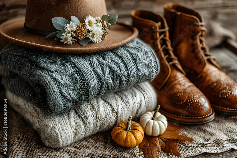 Fototapeta premium Cozy Autumn Outfit with Knitwear, Leather Boots, and Seasonal Decor for Fall Fashion Inspiration