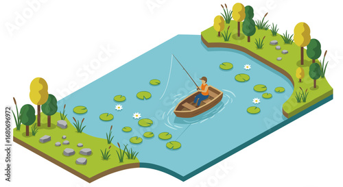 Tranquil isometric lake scene with fisherman in boat and lush vegetation