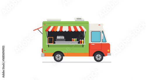 Colorful food truck with striped awning and condiments display