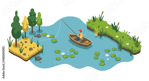 Isometric fishing scene on serene lake with trees and water lilies