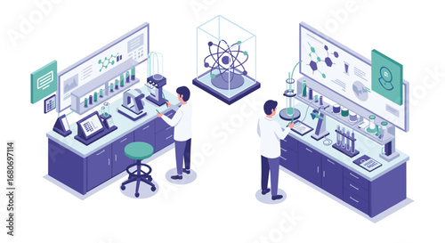 Modern isometric science lab with researchers analyzing data and experiments