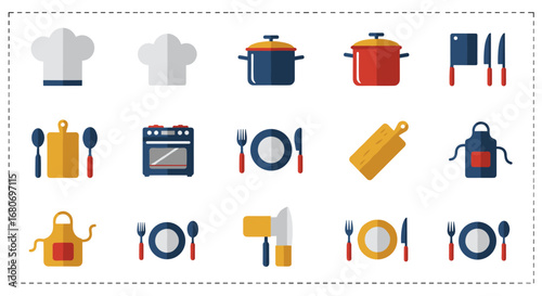 Flat style kitchen icon set: cooking utensils, appliances, and chef hat designs