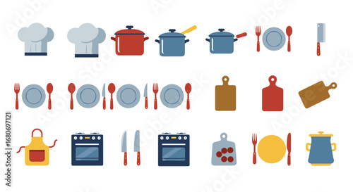 Flat style kitchenware collection featuring chefs hats, cookware, utensils, and stove icons