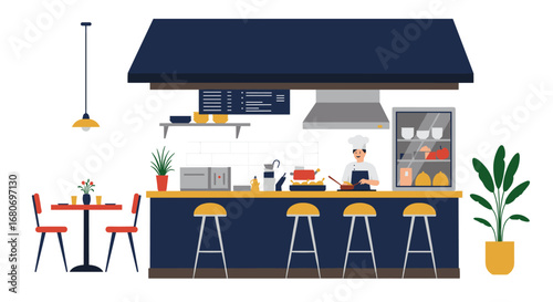Cozy cafe interior with chef cooking behind counter and bistro seating