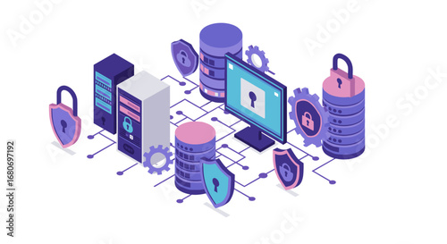 Secure data server room in isometric style with cybersecurity elements
